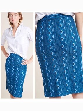 Anthropologie Sienna pencil skirt featuring a teal blue color and geometric